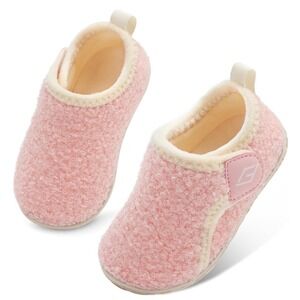 Toddler Slippers Pink Plush Cozy Anti-Slip Soft Sole Kids Shoes Size 5.5-6